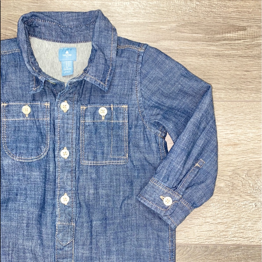 GAP Jersey Lined Button Down Denim Romper 18-24 Months GAP Denim Romper 18-24M - Picture 6 of 16